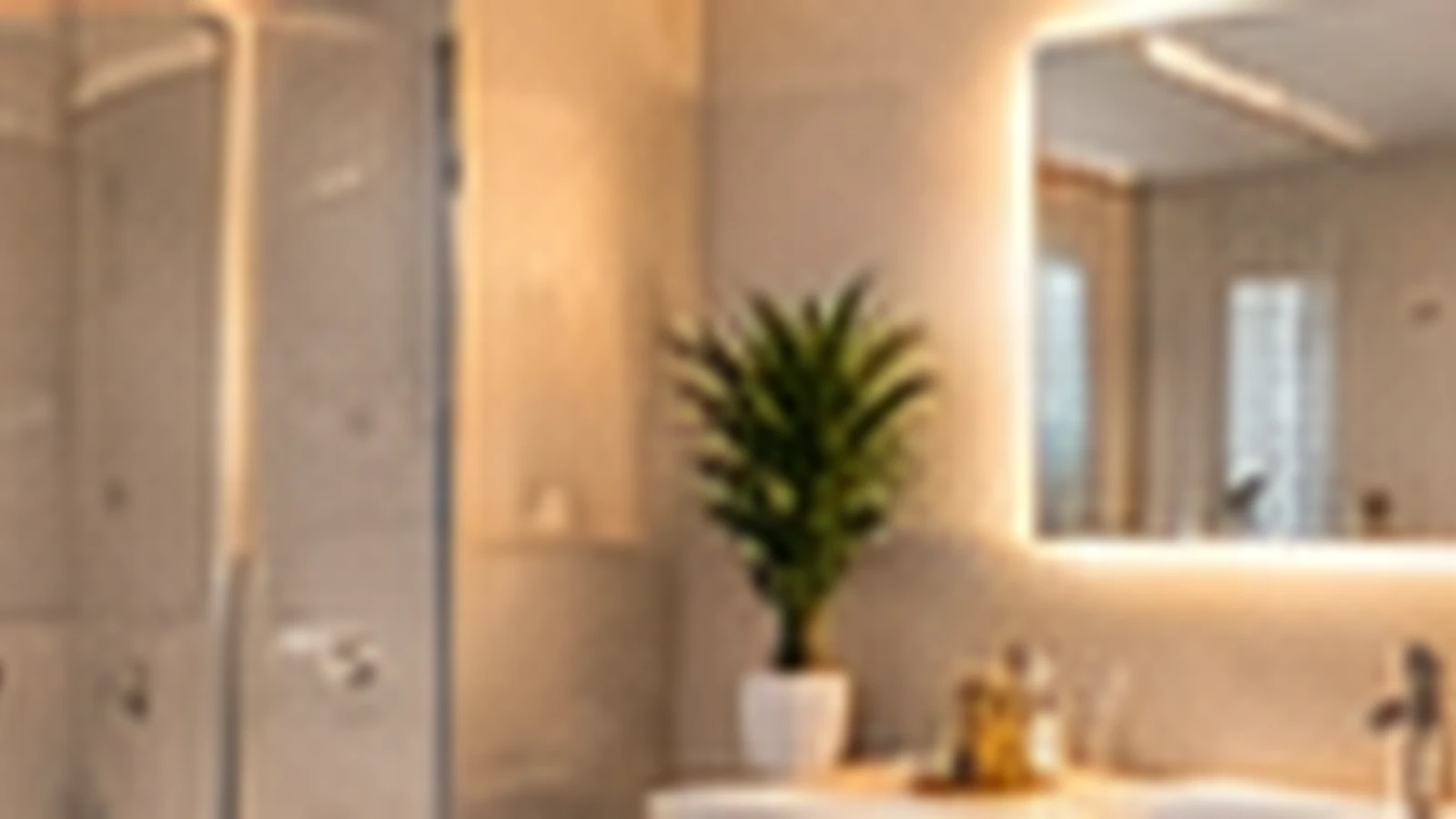 Salle de bain moderne rénovée avec miroir éclairé et points lumineux intégrés